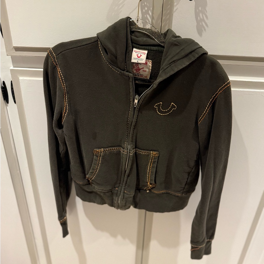 True Religion Olive Green Hooded Zip-Up Jacket with Contrast Stitching